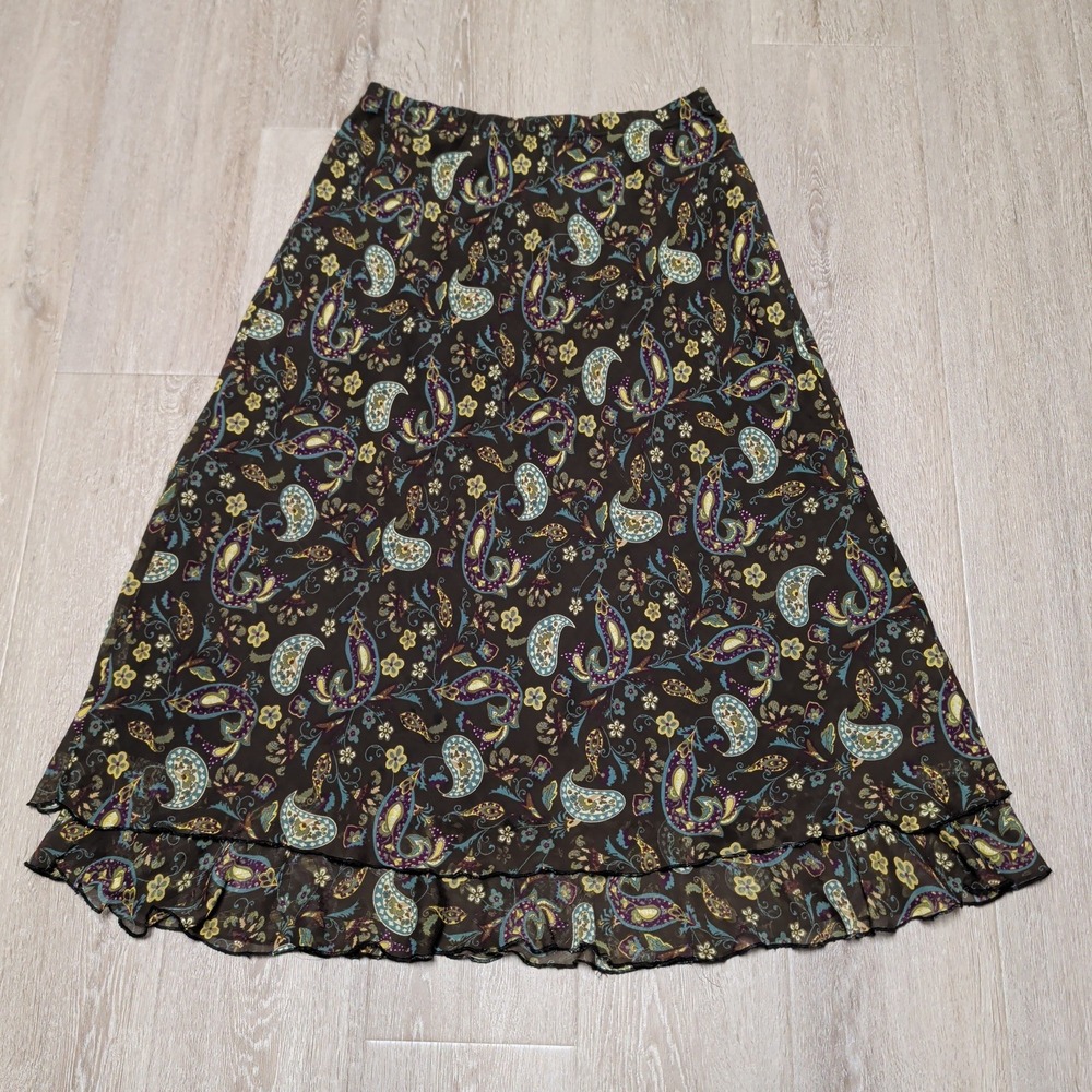 Briggs New York Midi Skirt Womens 14 Brown Paisley Ruffle Boho Flowy Lined Y2K